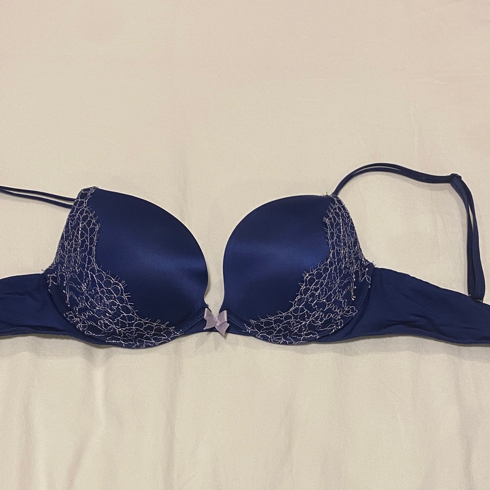 Victoria's Secret Navy Satin Push-Up Bra with Lace Trim